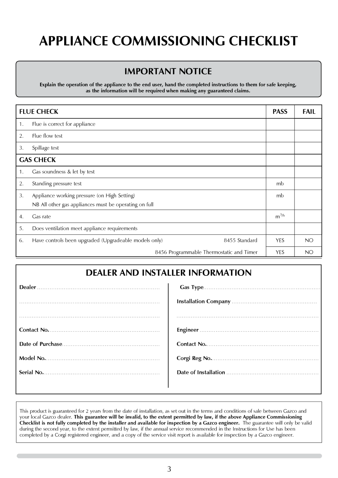 Stovax P8050 manual Appliance Commissioning Checklist, Flue Check, Pass Fail, Gas Check 